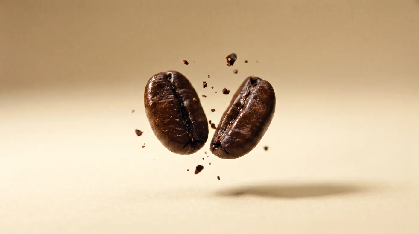 A roasted coffee bean split in half, suspended mid-air
